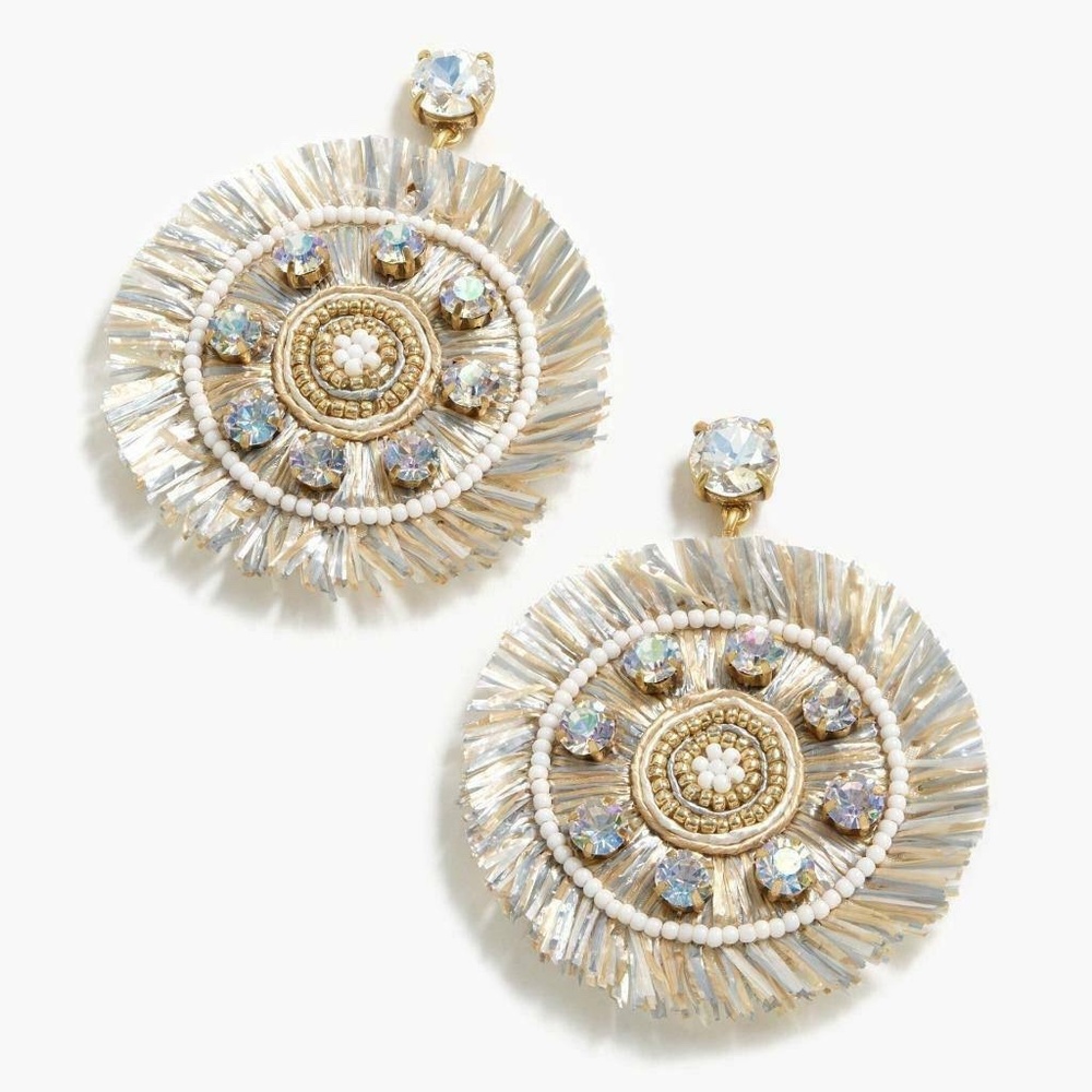 J. Crew Raffia Fringe Disc Earrings in Beige Stone